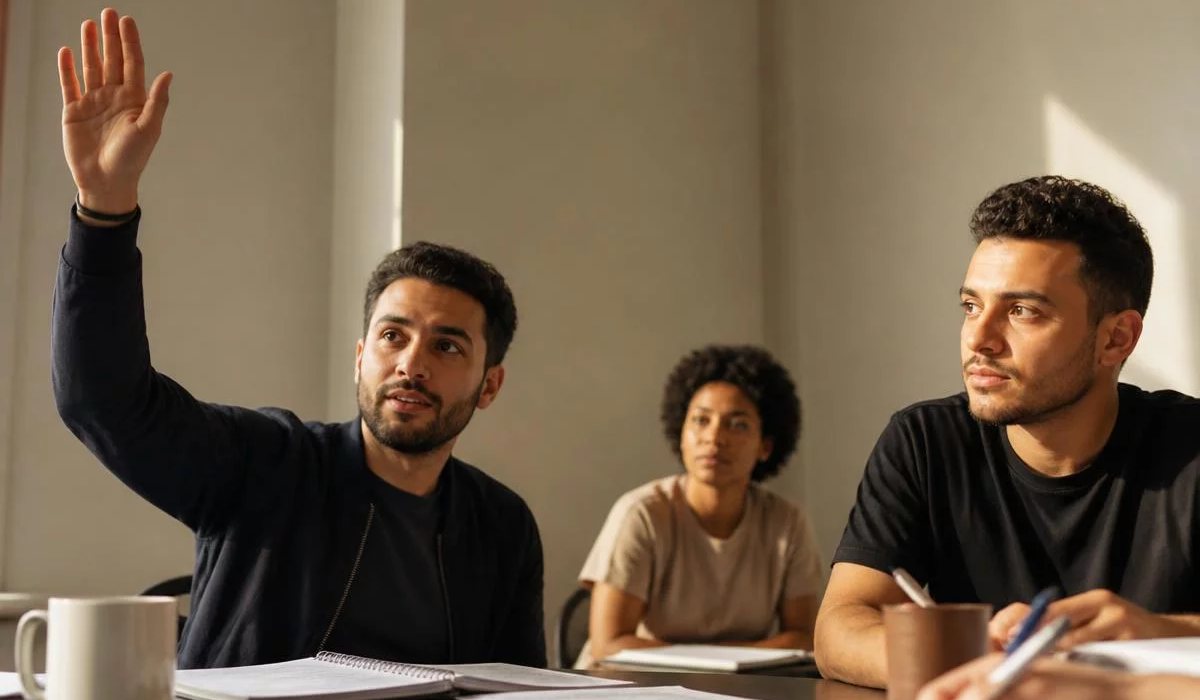 Duas pessoas preparando a próxima rodada com caderno e marca-texto na mão