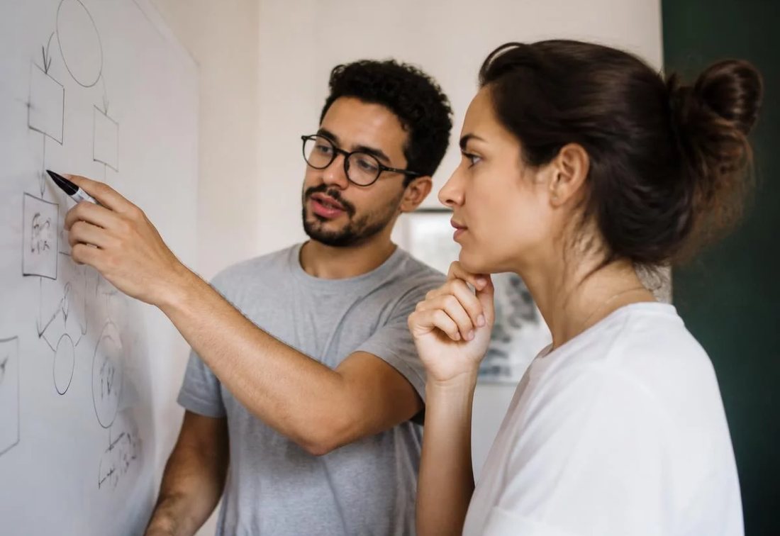 Dupla desenhando no quadro branco a estrutura de uma tese