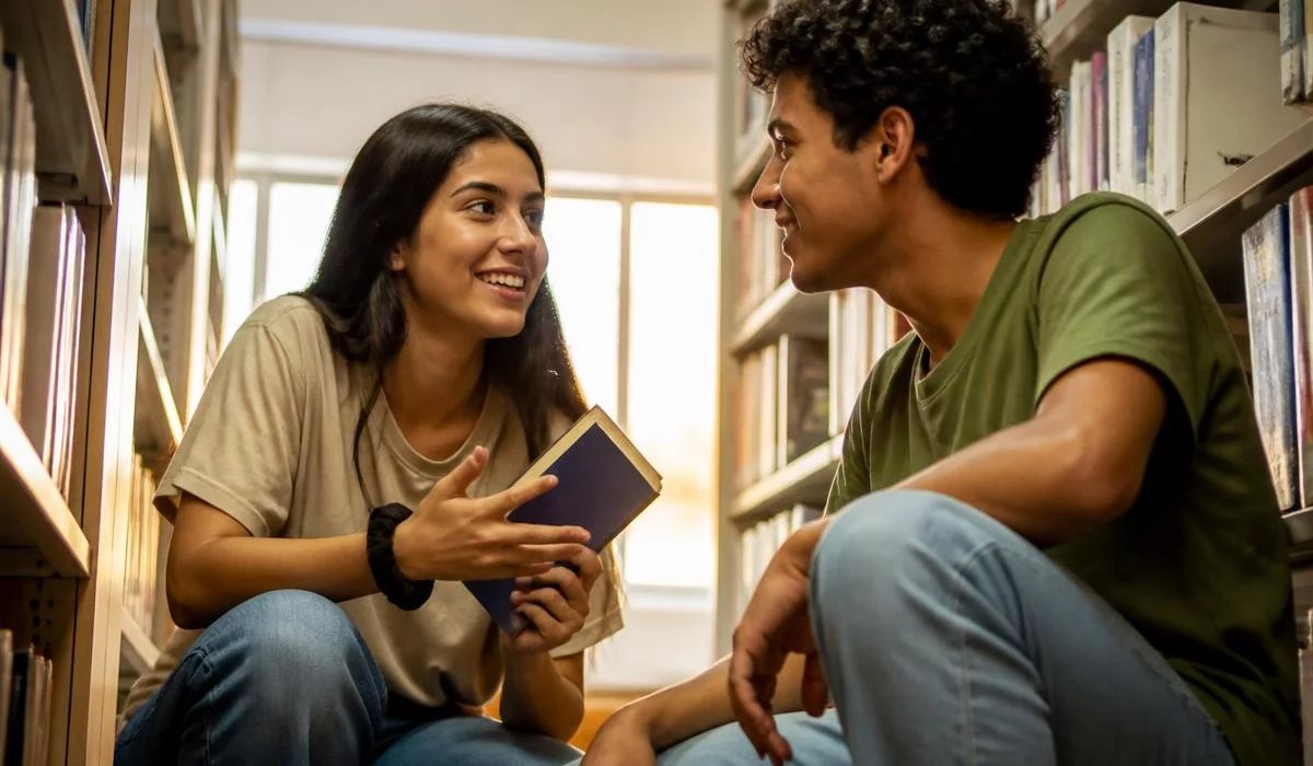 Pessoas conversando de pé junto às estantes antes de o encontro abrir